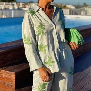 NWT LEAF EMBROIDERED SHIRT BLUE 4786/245.